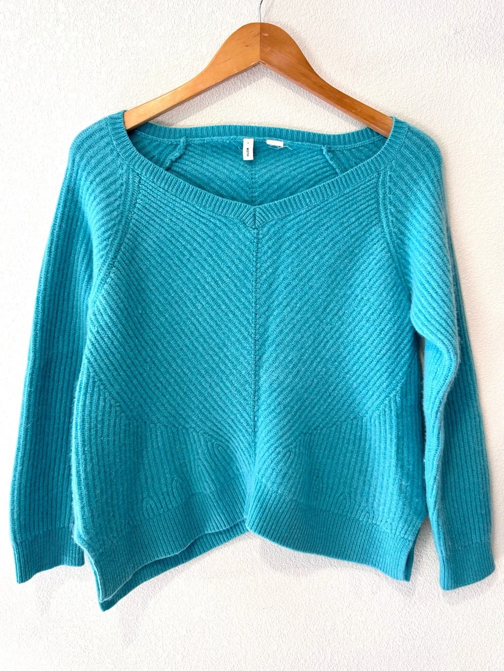 Anthropologie Moth Teal Cashmere Boxy Ribbed Chevron Knit Crop Sweater Size XS